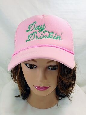 Pink Day Drinkin Trucker Hat Mesh Snapback Cap Foam Embroidered Retro Bacheloret